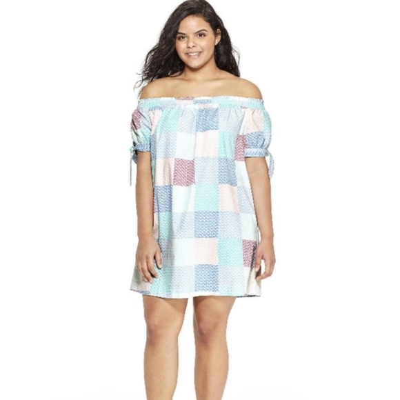 Vineyard Vines Patchwork well off the shoulder short sleeves dress Sz.2X - Picture 1 of 7